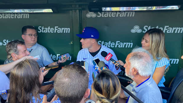Jul 17, 2023; Chicago, Illinois, USA; Chicago Cubs Draft pic Matt Shaw speaks with reporters before the teams game against the Washington Nationals at Wrigley Field. Mandatory Credit: Matt Marton-USA TODAY Sports  